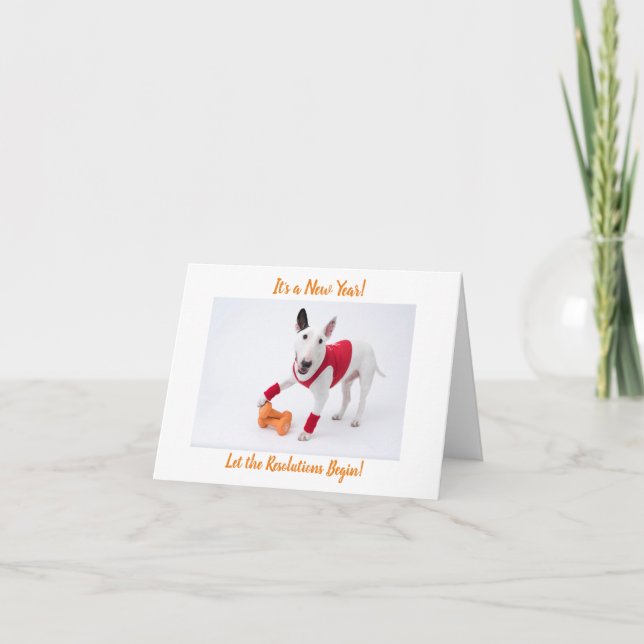 Happy New Year Gym Bull Terrier Holiday Card (Front)