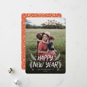 Happy New Year Hand drawn Pine Berries Photo Holiday Card