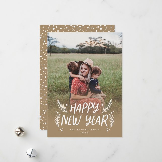 Happy New Year Hand drawn Pine Berries Photo Holiday Card (Front/Back In Situ)