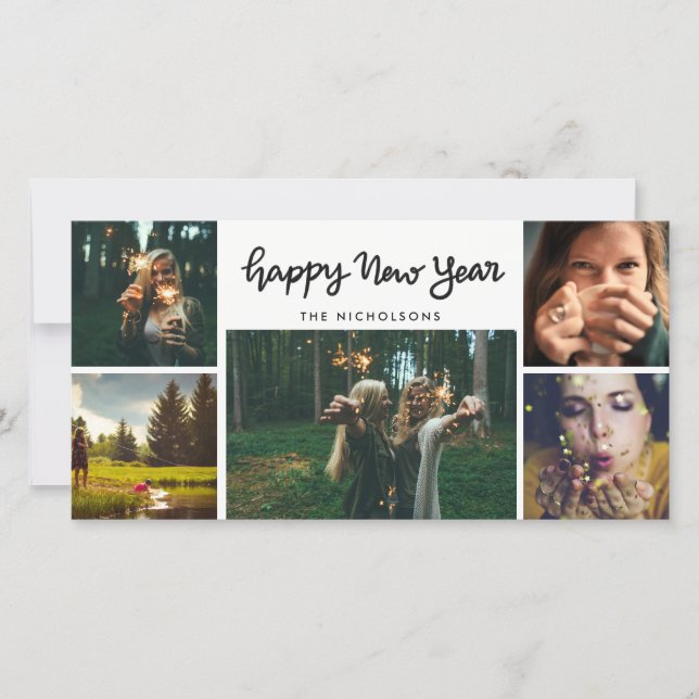 Happy New Year Handwritten Five Photo Holiday (Front)