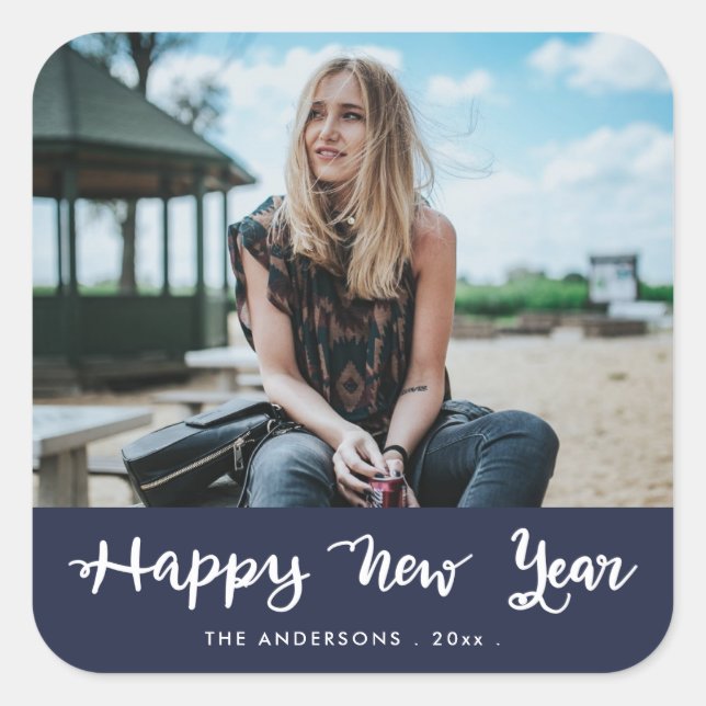 Happy New Year Handwritten Navy Blue | Photo Square Sticker (Front)