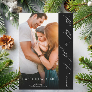Happy New Year Handwritten Script Black Photo Holiday Card