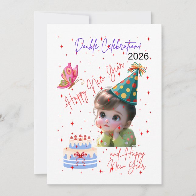Happy New Year & Happy Birthday Double Celebration Holiday Card (Front)