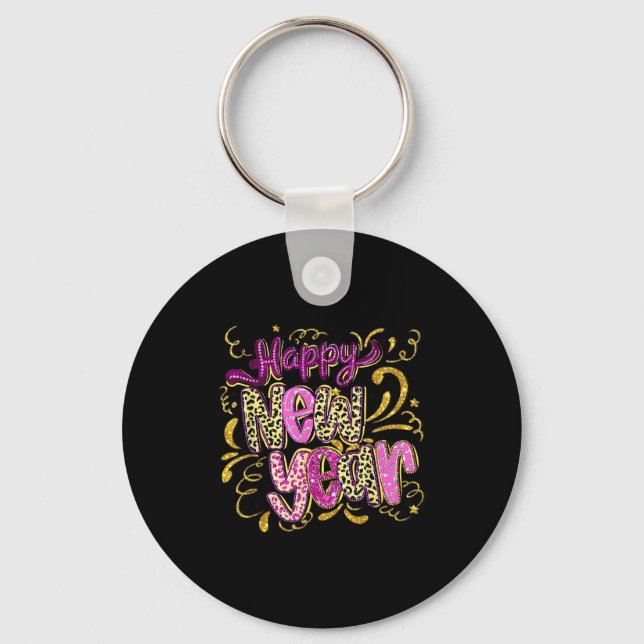 Happy New Year Hello 2026 Retro Leopard  Key Ring (Front)