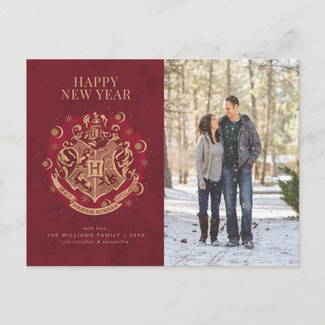 Happy New Year | HOGWARTS™ Crest Family Photo  Holiday Postcard (Front)