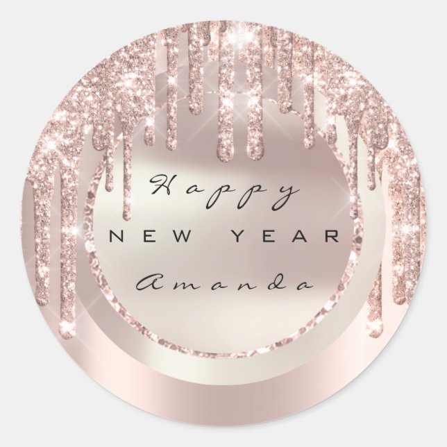 Happy New Year Holiday Name Drips Rose Glitter Classic Round Sticker (Front)
