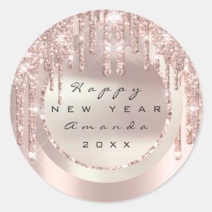 Happy New Year Holiday Name Glitter Rose Sparkly Classic Round Sticker