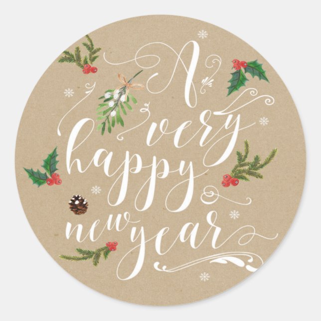 happy new year holiday sticker label holly (Front)
