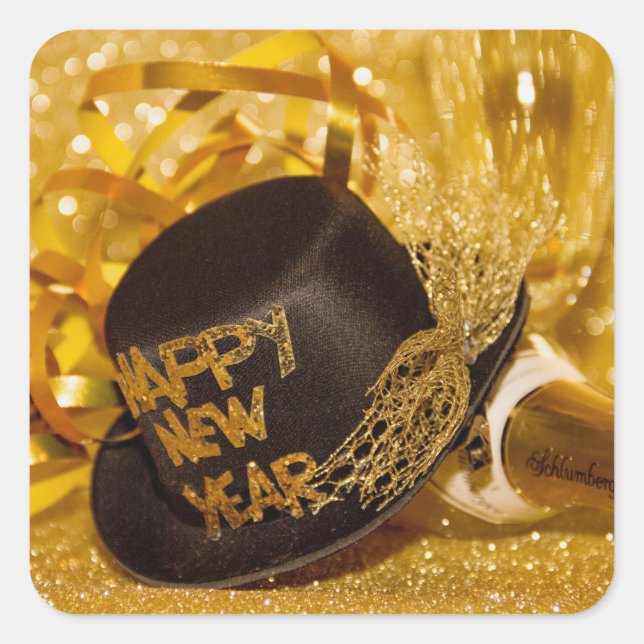 Happy New Year in gold and black Square Sticker (Front)