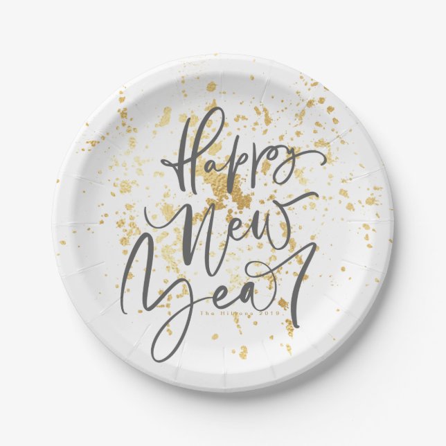 Happy New Year in grey handwritten text Paper Plate (Front)