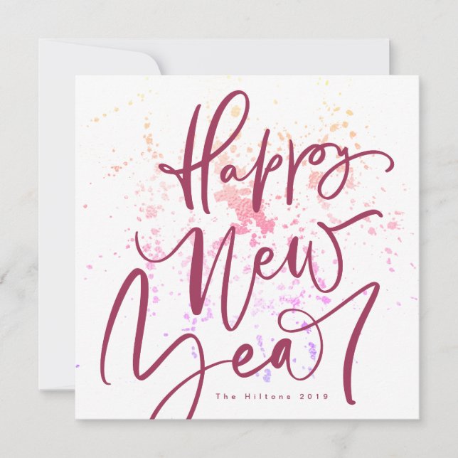 Happy New Year in maroon summer handwritten text Holiday Card (Front)