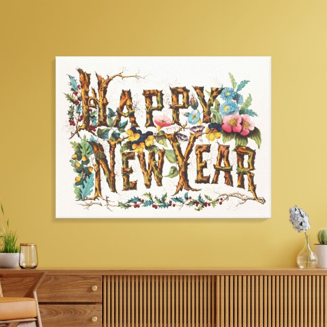 Happy New Year in Tree Trunks, Acorns and Flowers Canvas Print (Insitu(LivingRoom))