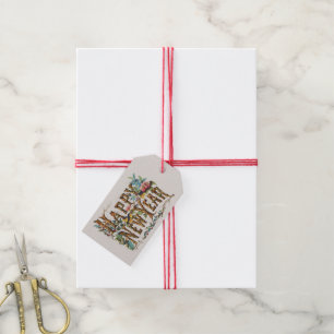 Happy New Year in Tree Trunks, Acorns and Flowers Gift Tags