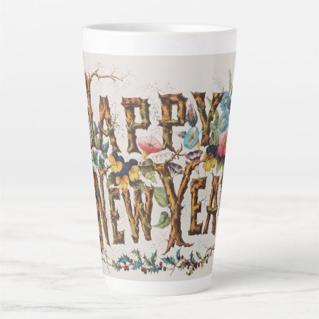 Happy New Year in Tree Trunks, Acorns and Flowers Latte Mug (Front)