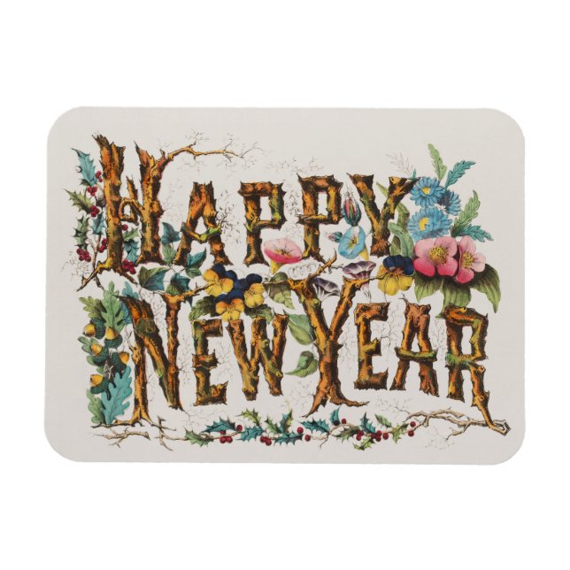 Happy New Year in Tree Trunks, Acorns and Flowers Magnet (Horizontal)
