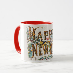Happy New Year in Tree Trunks, Acorns and Flowers Mug