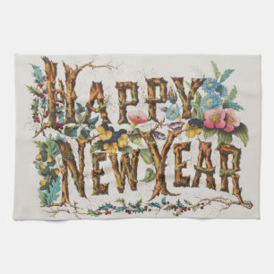 Happy New Year in Tree Trunks, Acorns and Flowers Tea Towel