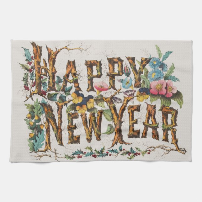 Happy New Year in Tree Trunks, Acorns and Flowers Tea Towel (Horizontal)