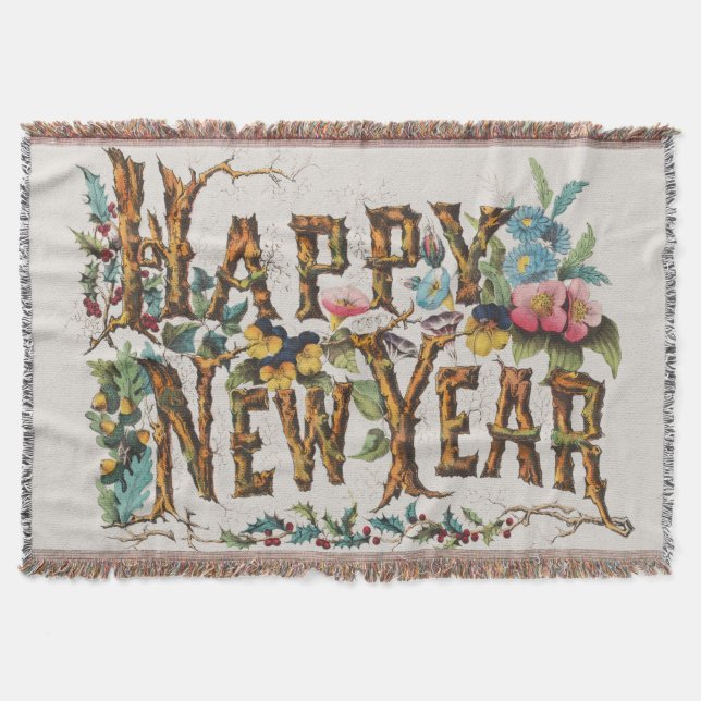 Happy New Year in Tree Trunks, Acorns and Flowers Throw Blanket (Front)