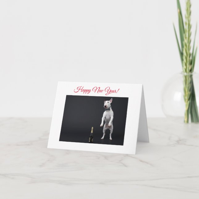 Happy New Year Jumping Bull Terrier with Champagne Holiday Card (Front)