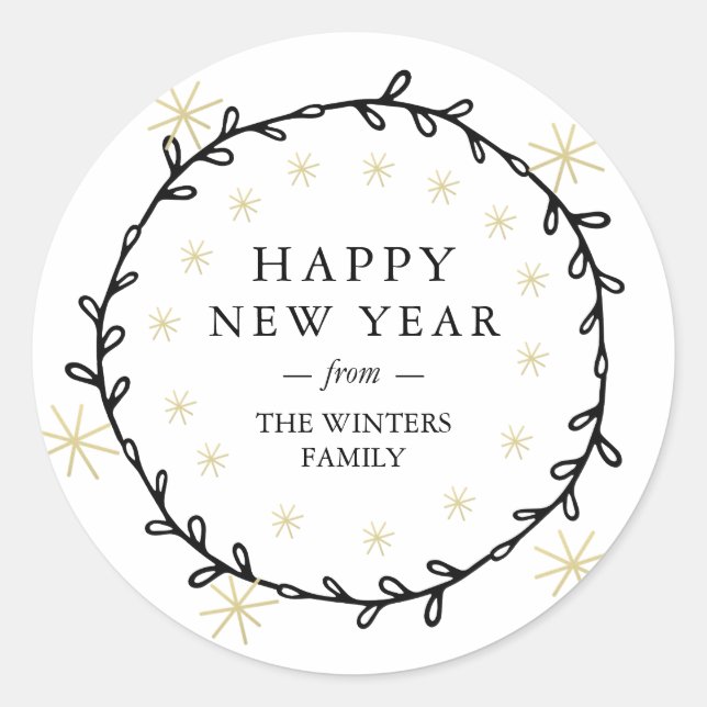 Happy New Year Laurel Wreath Gold Stars Name Classic Round Sticker (Front)