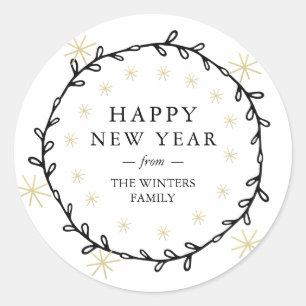 Happy New Year Laurel Wreath Gold Stars Name Classic Round Sticker