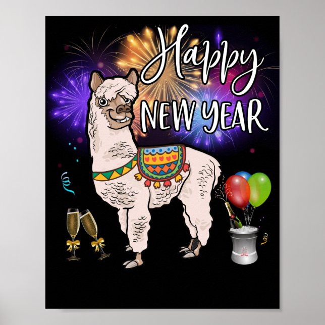 Happy New Year Llama Alpaca Firework Poster (Front)