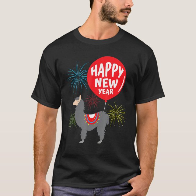 Happy New Year Llama Rocket Fireworks T-Shirt (Front)