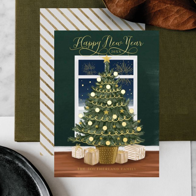Happy New Year Magical Fireworks Christmas Tree Foil Holiday Card (Creator Uploaded)