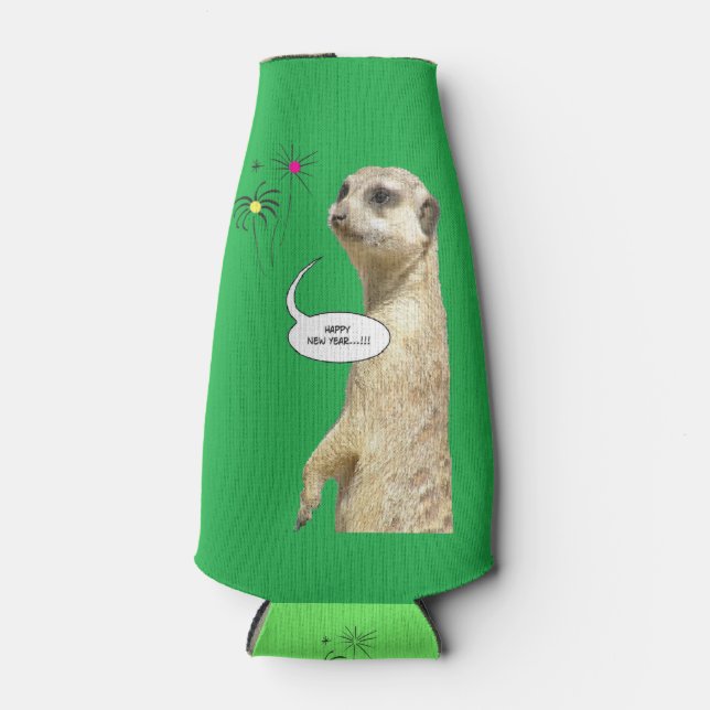 Happy New Year Meerkat Bottle Cooler Green (Front)