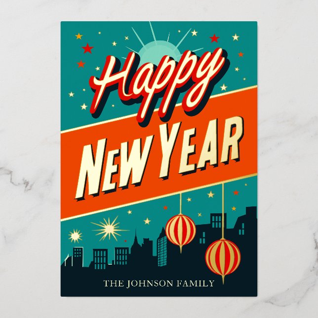 Happy New Year Mid-Century Modern Foil Holiday Card (Front)