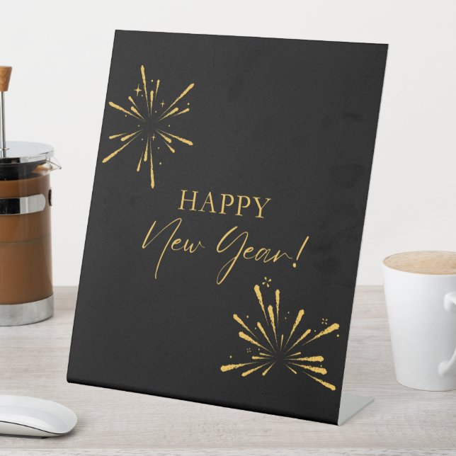 Happy New Year minimalist fireworks black Pedestal Sign (In SItu)