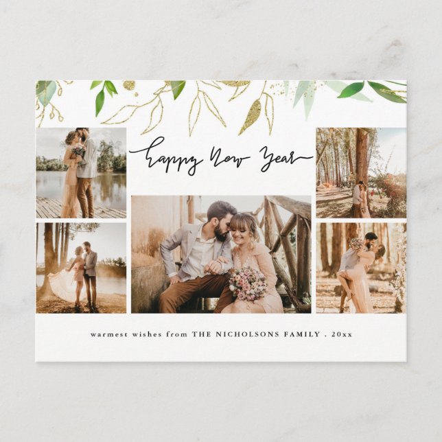 Happy New Year Minimalist Modern Script MultiPhoto Holiday Postcard (Front)