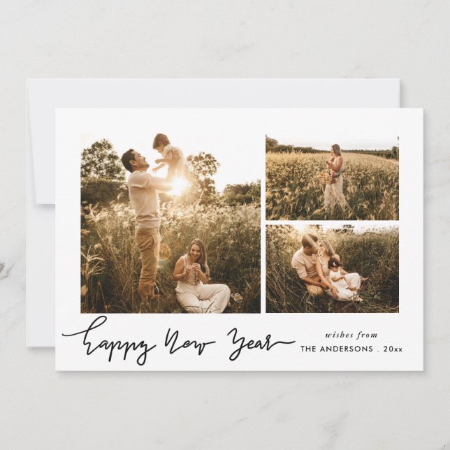 Happy New Year | Minimalist Script Multi Photo Holiday Card (Front)