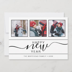 Happy New Year Modern 3 Photo Hand Lettering Holiday Card