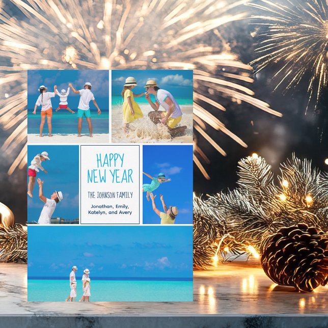 Happy New Year Modern 5 Family Photo Collage Holiday Card (Creator Uploaded)