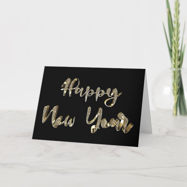Happy New Year Modern Black and Gold Text Elegant Holiday Card (Front)