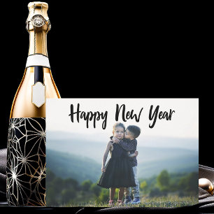Happy New Year Modern Black Typography Chic Photo Holiday Card