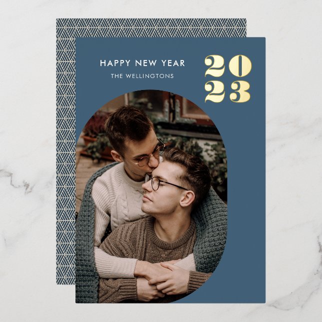 Happy New Year Modern Blue Photo Gold Foil Holiday Card (Front/Back)