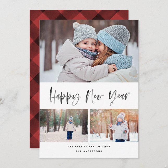 Happy New Year Modern Brush Script Photo Holiday Card (Front/Back)