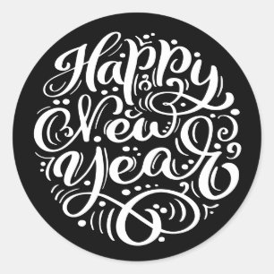 Happy New Year Modern Calligraphy Black Classic Round Sticker
