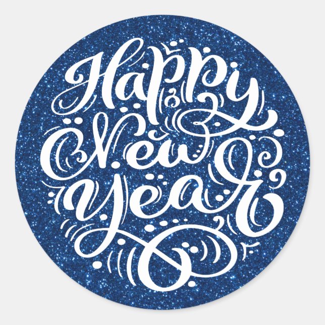 Happy New Year Modern Calligraphy Blue Glitter Classic Round Sticker (Front)