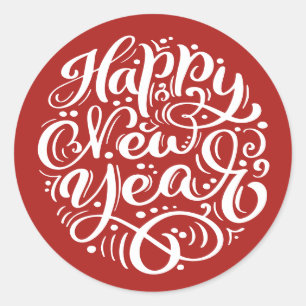 Happy New Year Modern Calligraphy Red Classic Round Sticker