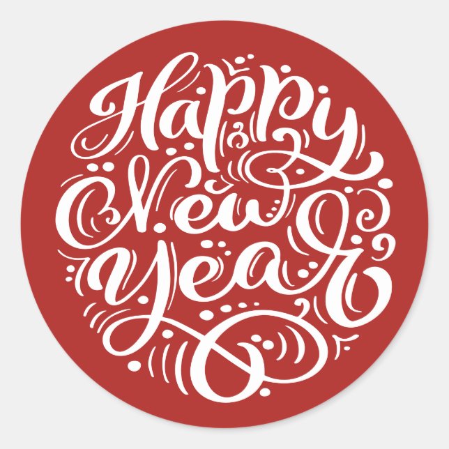 Happy New Year Modern Calligraphy Red Classic Round Sticker (Front)