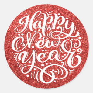Happy New Year Modern Calligraphy Red Glitter Classic Round Sticker