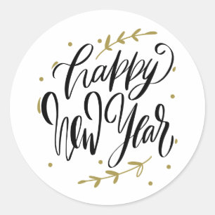Happy New Year Modern Calligraphy Wreath Black Classic Round Sticker