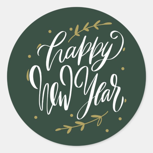 Happy New Year Modern Calligraphy Wreath Green Classic Round Sticker (Front)