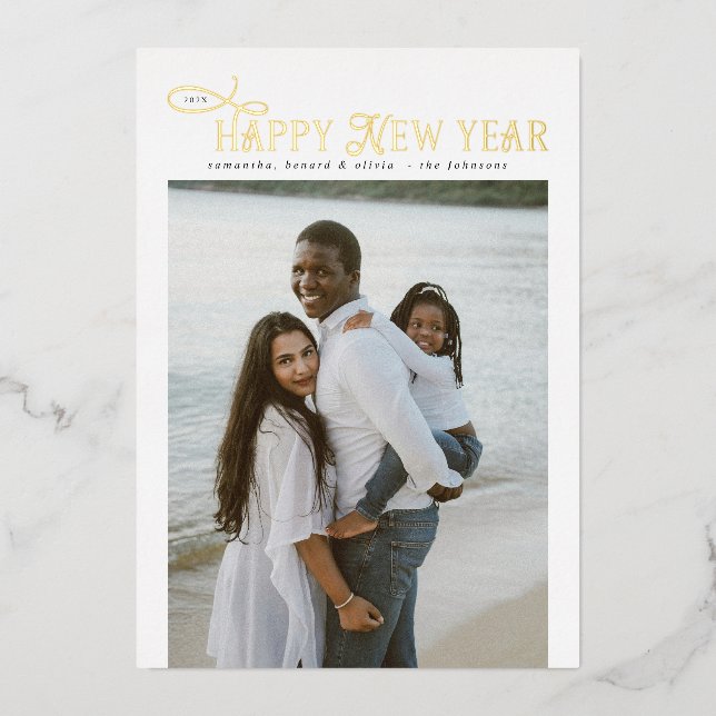 Happy New Year Modern Chic Family 4 Photos Collage Foil Holiday Card (Front)