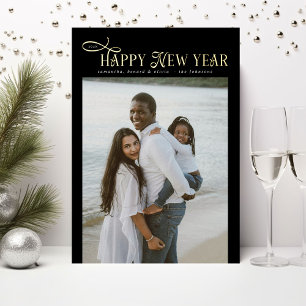 Happy New Year Modern Chic Family 4 Photos Collage Foil Holiday Card
