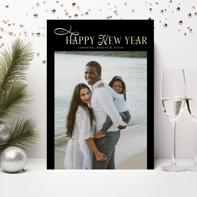 Happy New Year Modern Chic Family 4 Photos Collage Foil Holiday Card (Creator Uploaded)